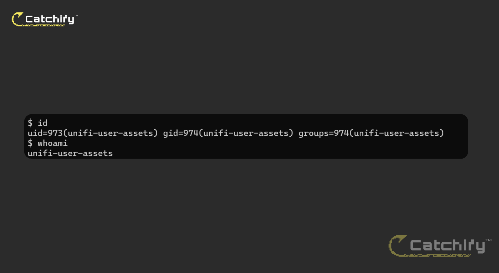 Terminal showing id and whoami commands confirming execution as unifi-user-assets