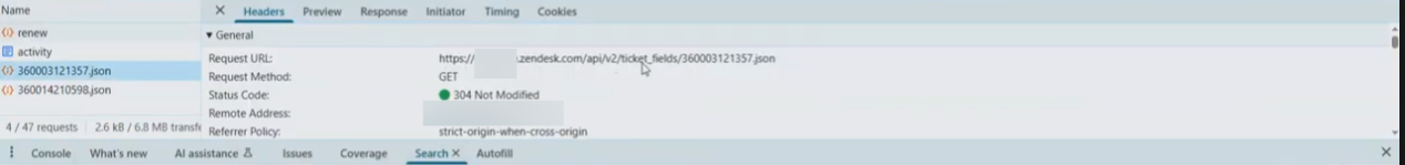 Network request showing exposed admin Authorization token from the Zendesk dropdown interaction