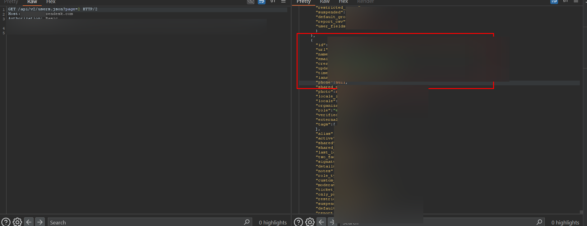 Zendesk API response showing mass user PII data retrieved via the leaked admin token
